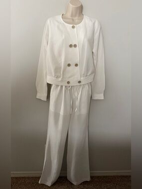 CAbi Linen Blend Cream White Wide-Leg Drawstring Pants & Button Jacket Set